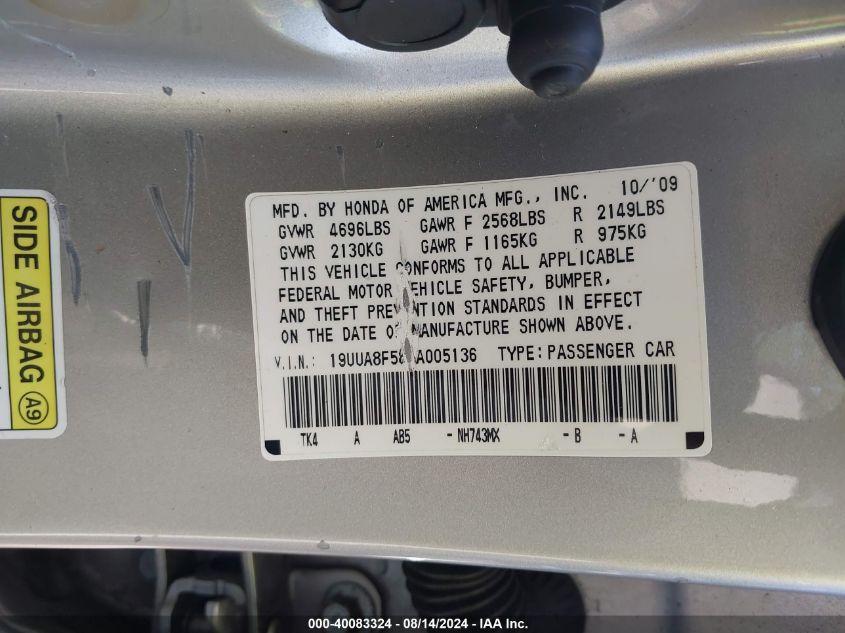 2010 Acura Tl 3.5 VIN: 19UUA8F58AA005136 Lot: 40083324