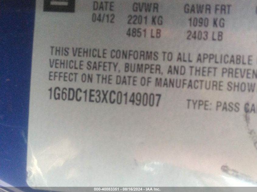 2012 Cadillac Cts Standard VIN: 1G6DC1E3XC0149007 Lot: 40083351