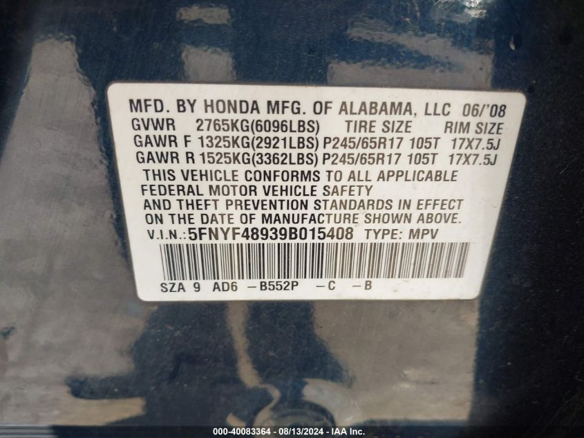 2009 Honda Pilot Touring VIN: 5FNYF48939B015408 Lot: 40083364