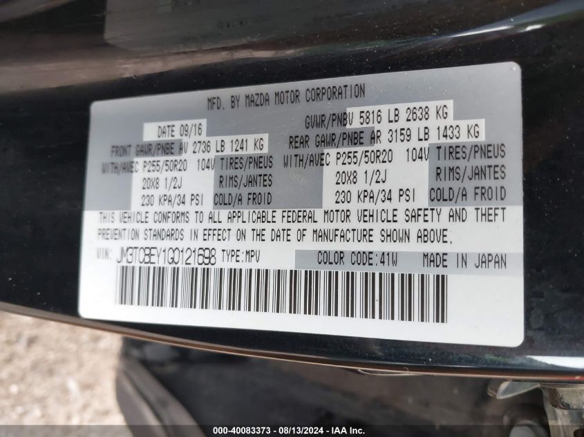 JM3TCBEY1G0121698 2016 Mazda Cx-9 Signature