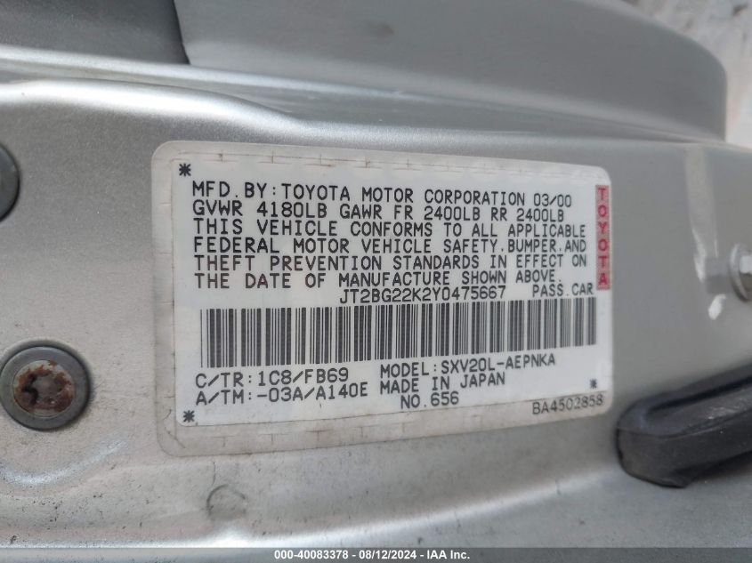 2000 Toyota Camry Ce/Le/Xle VIN: JT2BG22K2Y0475667 Lot: 40083378