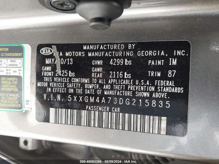 2013 Kia Optima Lx VIN: 5XXGM4A73DG215835 Lot: 40083395