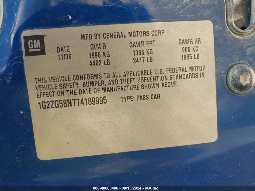 2007 Pontiac G6 VIN: 1G2ZG58N774189995 Lot: 40083406