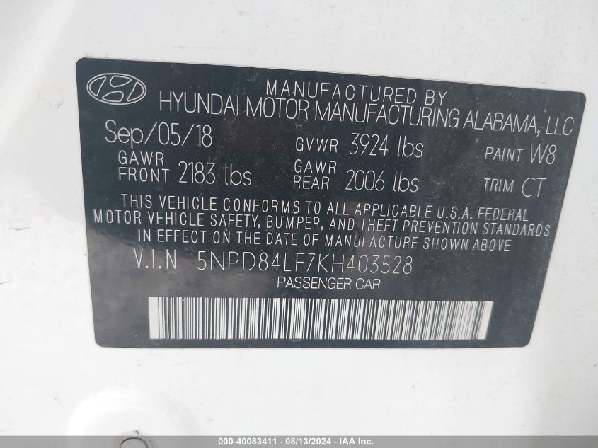 2019 HYUNDAI ELANTRA SEL/VALUE/LIMITED - 5NPD84LF7KH403528