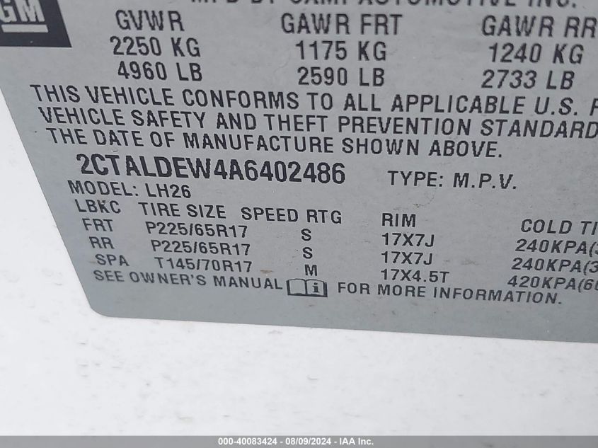 2010 GMC Terrain Sle-2 VIN: 2CTALDEW4A6402486 Lot: 40083424