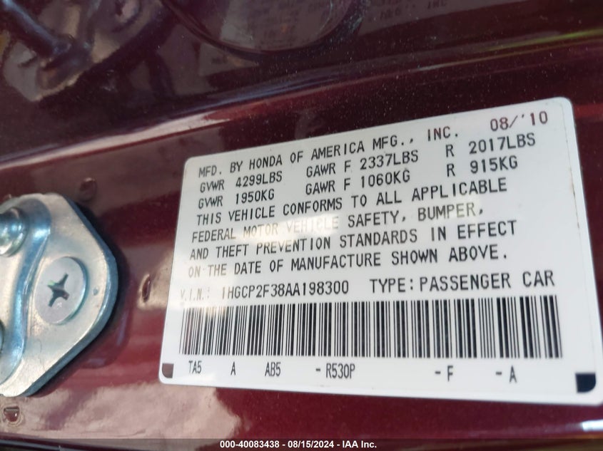 2010 Honda Accord 2.4 Lx VIN: 1HGCP2F38AA198300 Lot: 40083438