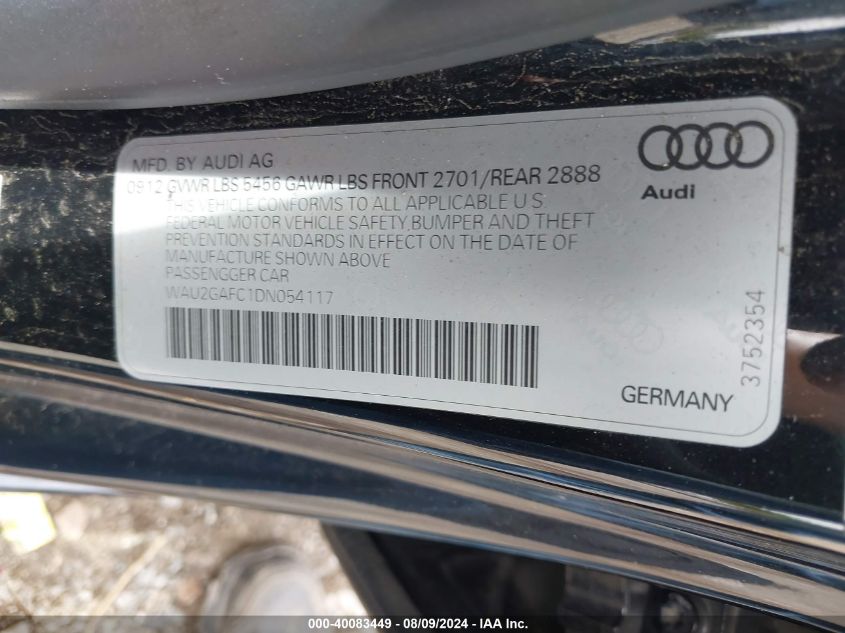 2013 Audi A7 3.0T Premium VIN: WAU2GAFC1DN054117 Lot: 40083449