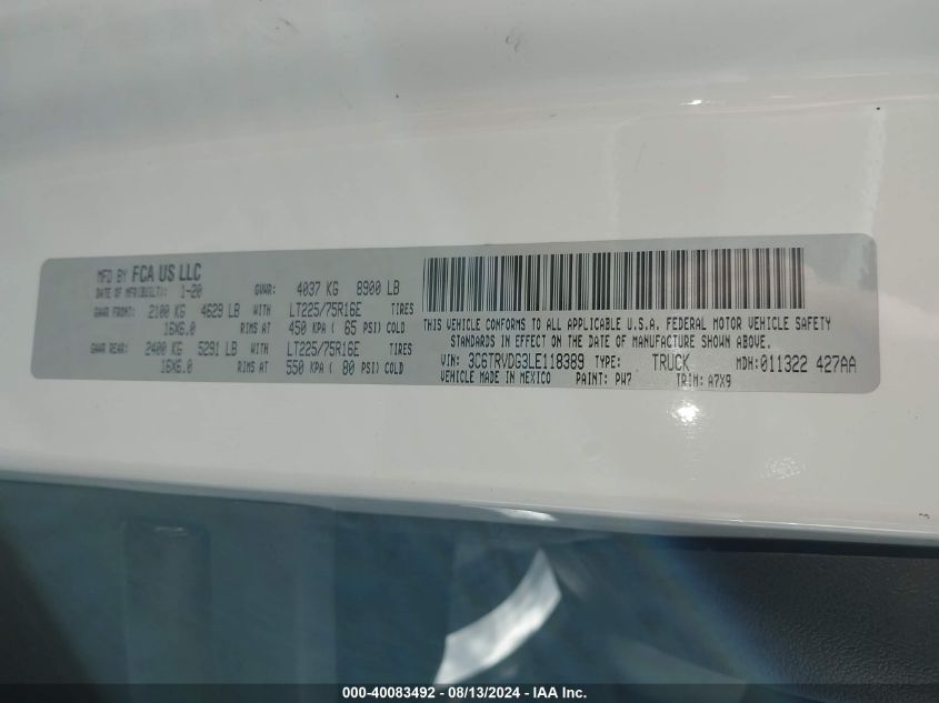 2020 Ram Promaster 2500 High Roof 159 Wb VIN: 3C6TRVDG3LE118389 Lot: 40083492