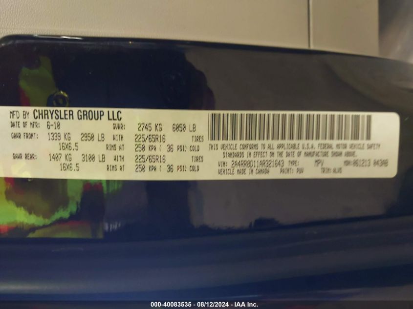 2010 Chrysler Town & Country Touring Plus VIN: 2A4RR8D11AR321643 Lot: 40083535