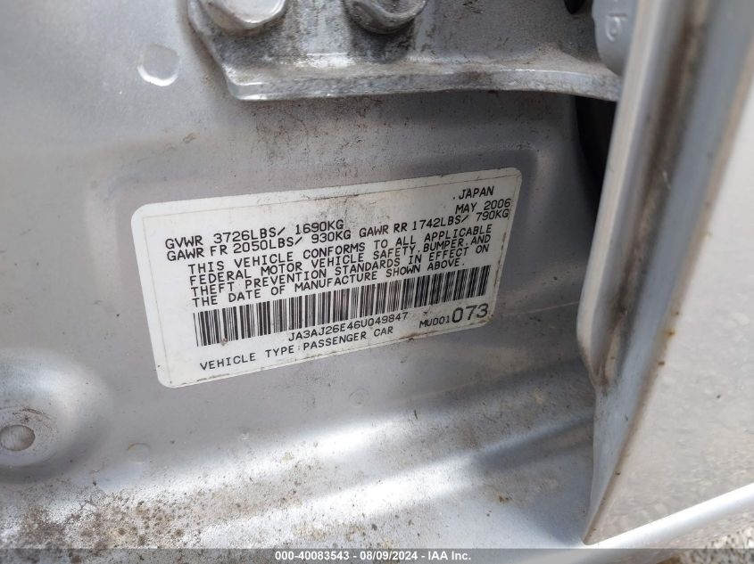 2006 Mitsubishi Lancer Es/Se VIN: JA3AJ26E46U049847 Lot: 40083543