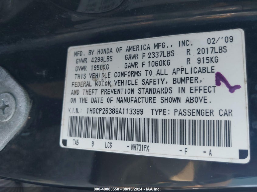 2009 Honda Accord 2.4 Lx VIN: 1HGCP26389A113399 Lot: 40083550