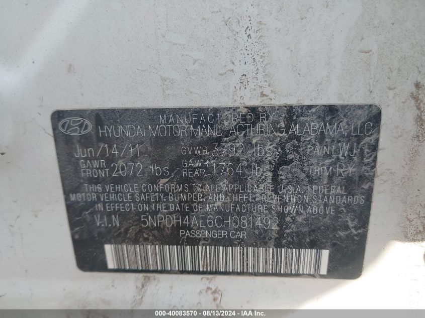 2012 Hyundai Elantra Limited VIN: 5NPDH4AE6CH081492 Lot: 40083570