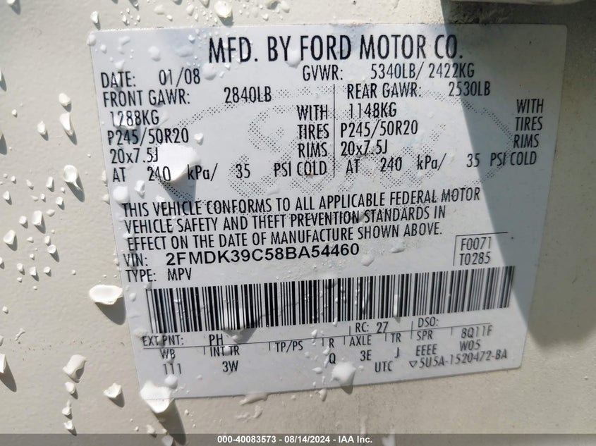 2008 Ford Edge Limited VIN: 2FMDK39C58BA54460 Lot: 40083573