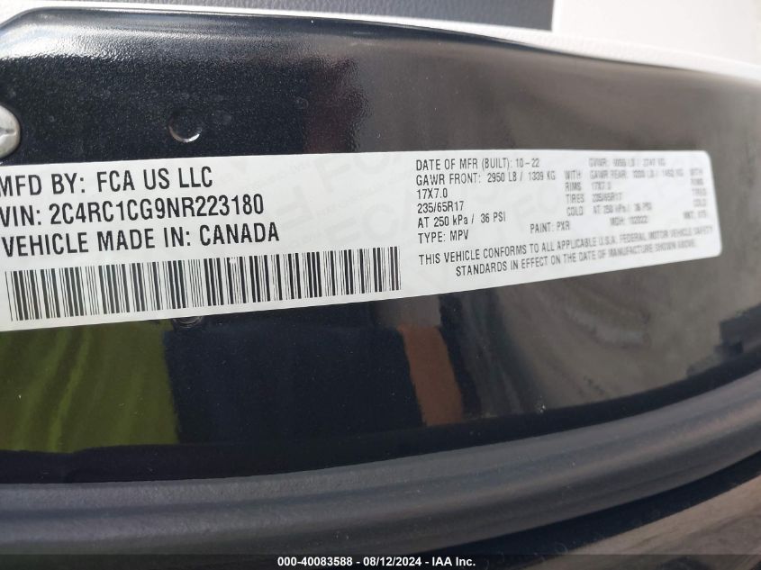 2022 Chrysler Voyager Lx VIN: 2C4RC1CG9NR223180 Lot: 40083588