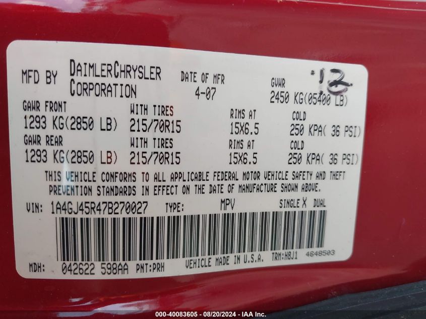 2007 Chrysler Town & Country VIN: 1A4GJ45R47B270027 Lot: 40083605