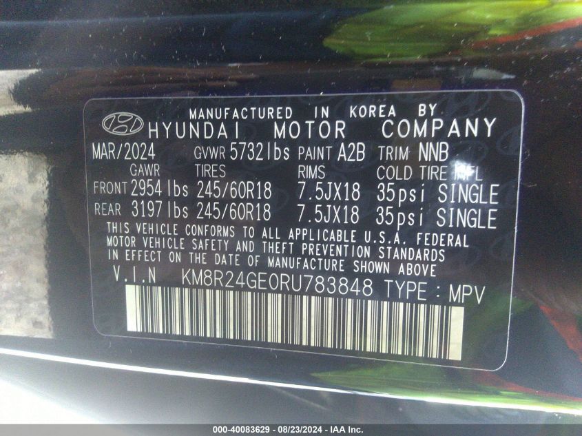 2024 Hyundai Palisade Sel VIN: KM8R24GE0RU783848 Lot: 40083629