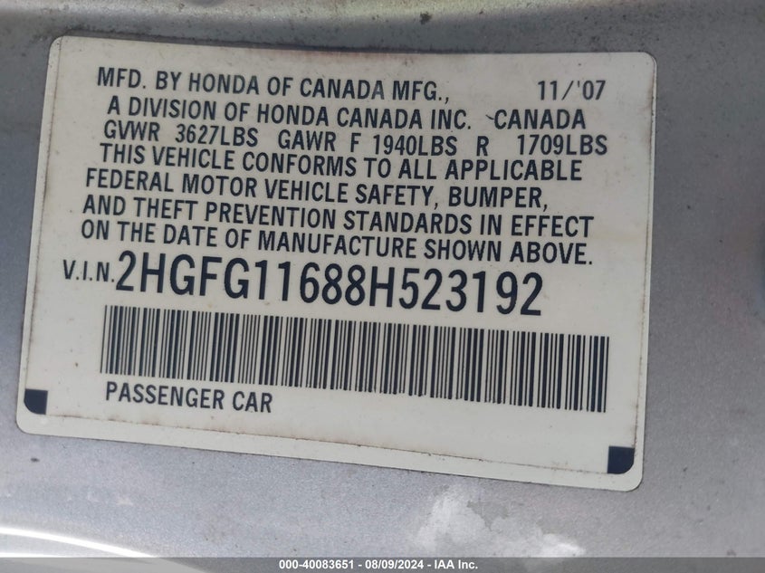 2008 Honda Civic Lx VIN: 2HGFG11688H523192 Lot: 40083651