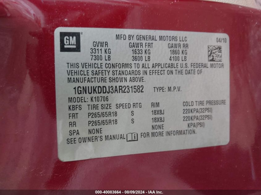 2010 Chevrolet Tahoe Hybrid VIN: 1GNUKDDJ3AR231582 Lot: 40083664