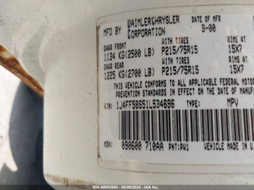 2001 Jeep Cherokee Limited/Sport VIN: 1J4FF58S51L534696 Lot: 40083665