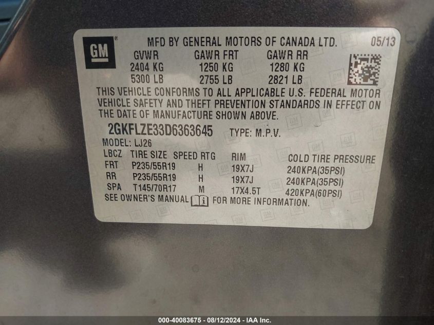 2013 GMC Terrain Denali VIN: 2GKFLZE33D6363645 Lot: 40083675