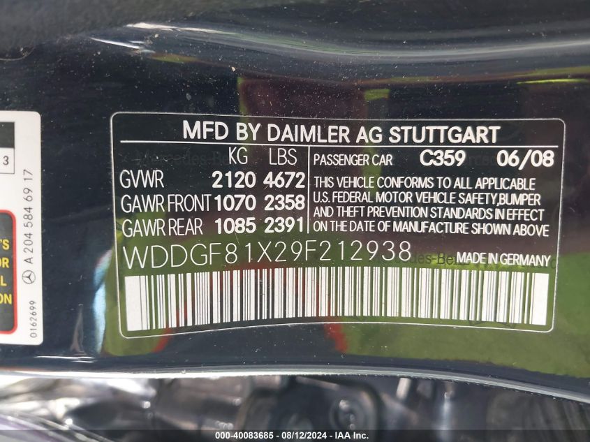 2009 Mercedes-Benz C 300 Luxury 4Matic/Sport 4Matic VIN: WDDGF81X29F212938 Lot: 40083685