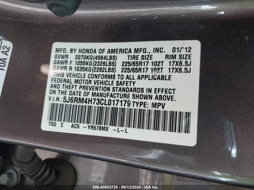 2012 Honda Cr-V Ex-L VIN: 5J6RM4H73CL017179 Lot: 40083725