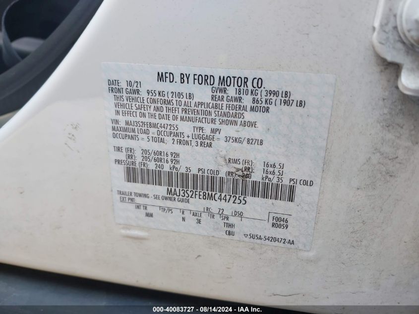 2021 Ford Ecosport S VIN: MAJ3S2FE8MC447255 Lot: 40083727