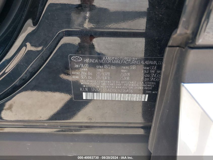 2020 Hyundai Santa Fe Sel VIN: 5NMS33AD0LH216406 Lot: 40083730