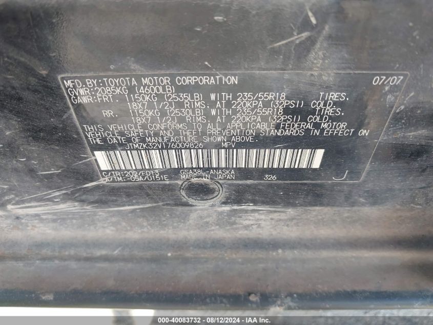 2007 Toyota Rav4 Sport V6 VIN: JTMZK32V176009826 Lot: 40083732