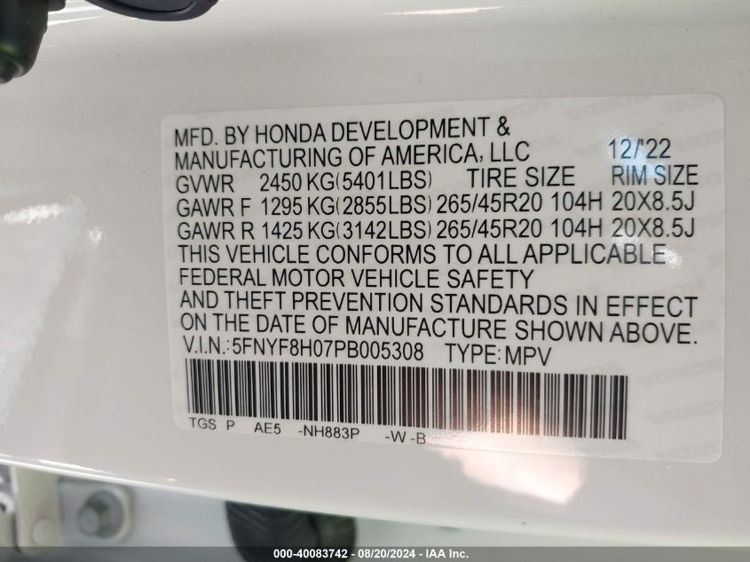 5FNYF8H07PB005308 2023 Honda Passport Elite