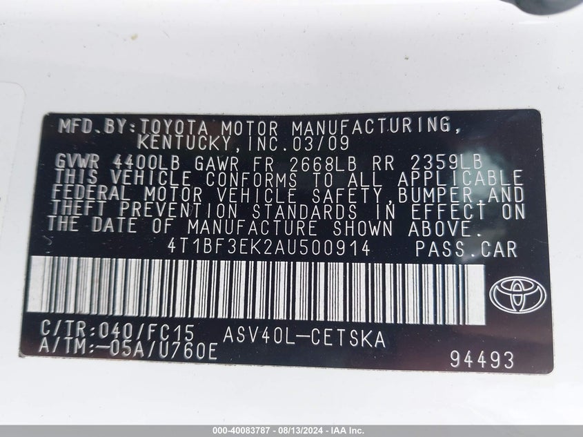 2010 Toyota Camry Se VIN: 4T1BF3EK2AU500914 Lot: 40083787