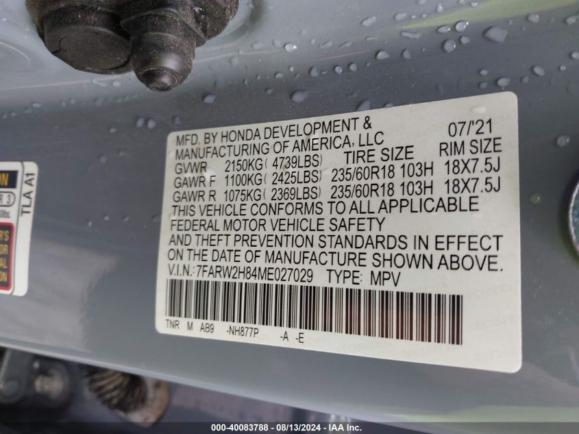 2021 Honda Cr-V Awd Ex-L VIN: 7FARW2H84ME027029 Lot: 40083788