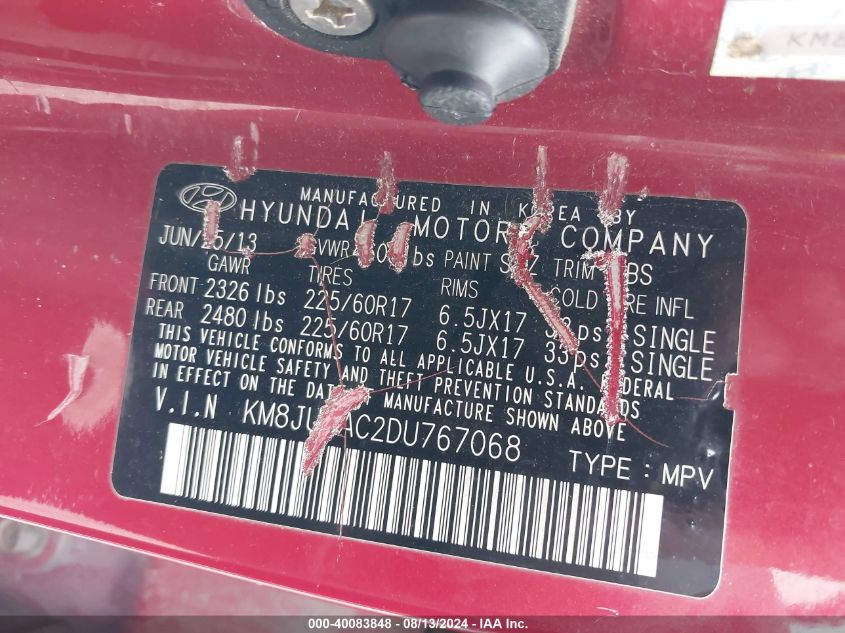 2013 Hyundai Tucson Gls VIN: KM8JUCAC2DU767068 Lot: 40083848