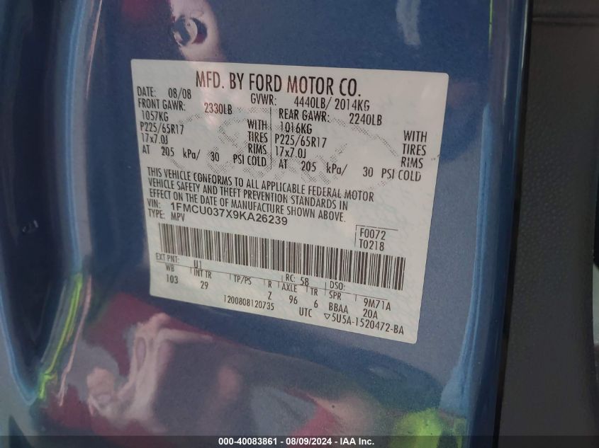 2009 Ford Escape Xlt VIN: 1FMCU037X9KA26239 Lot: 40083861