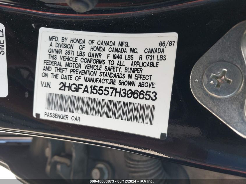 2007 Honda Civic Lx VIN: 2HGFA15557H306653 Lot: 40083873