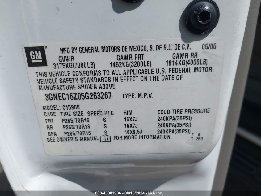 2005 Chevrolet Suburban 1500 Ls VIN: 3GNEC16Z05G263267 Lot: 40083906