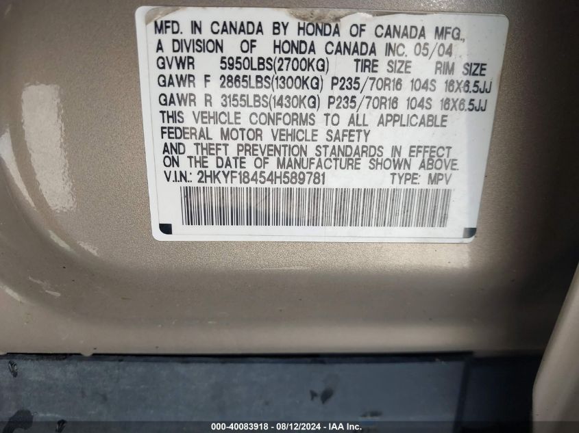 2004 Honda Pilot Ex VIN: 2HKYF18454H589781 Lot: 40083918