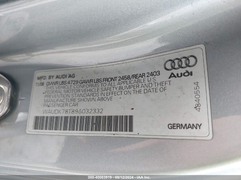 2009 Audi A5 Quattro VIN: WAUDK78T89A032332 Lot: 40083919