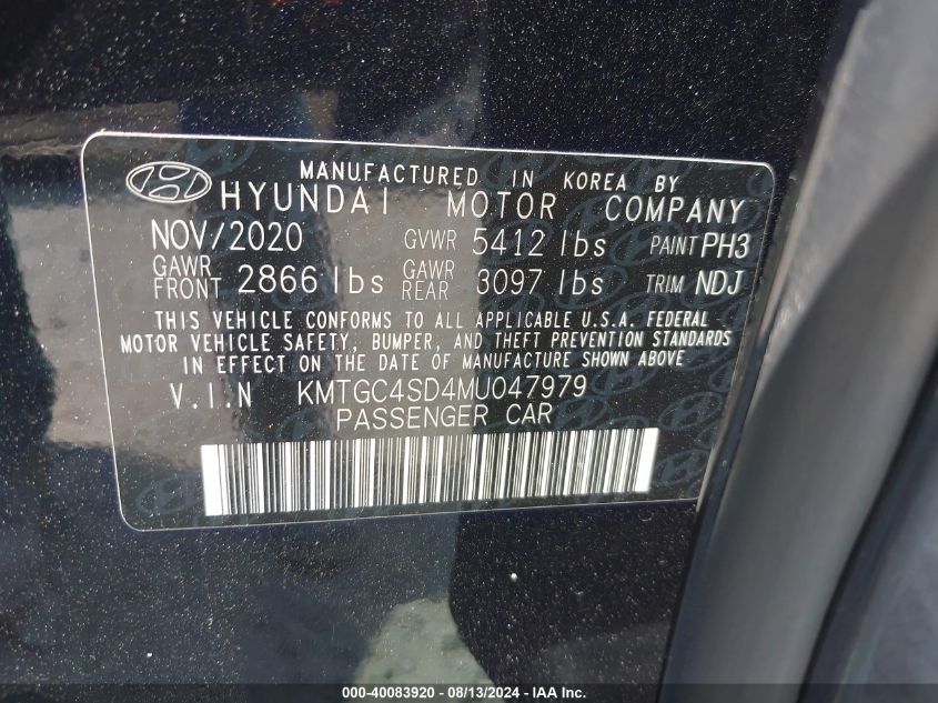 2021 Genesis G80 3.5T Rwd VIN: KMTGC4SD4MU047979 Lot: 40083920