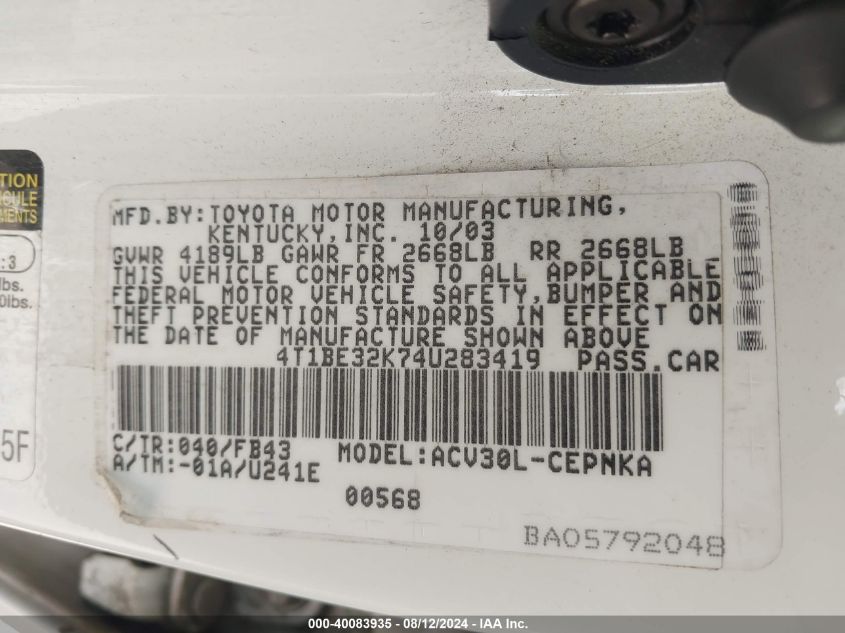 4T1BE32K74U283419 2004 Toyota Camry Le/Xle/Se