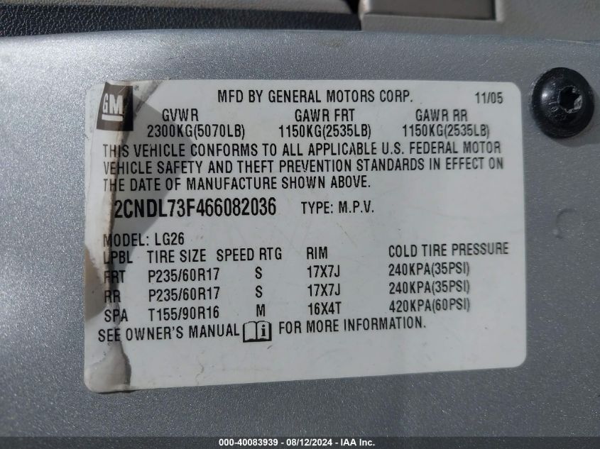 2006 Chevrolet Equinox Lt VIN: 2CNDL73F466082036 Lot: 40083939