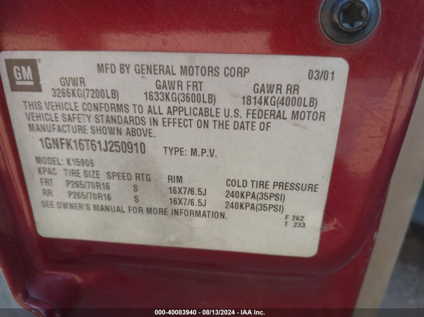 2001 Chevrolet Suburban 1500 Lt VIN: 1GNFK16T61J250910 Lot: 40083940