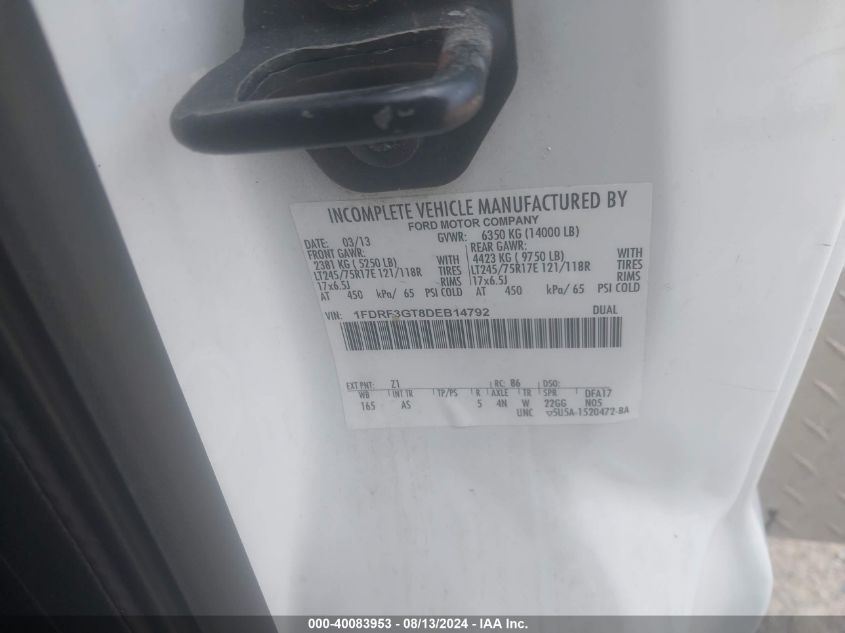 2013 Ford F350 Super Duty VIN: 1FDRF3GT8DEB14792 Lot: 40083953