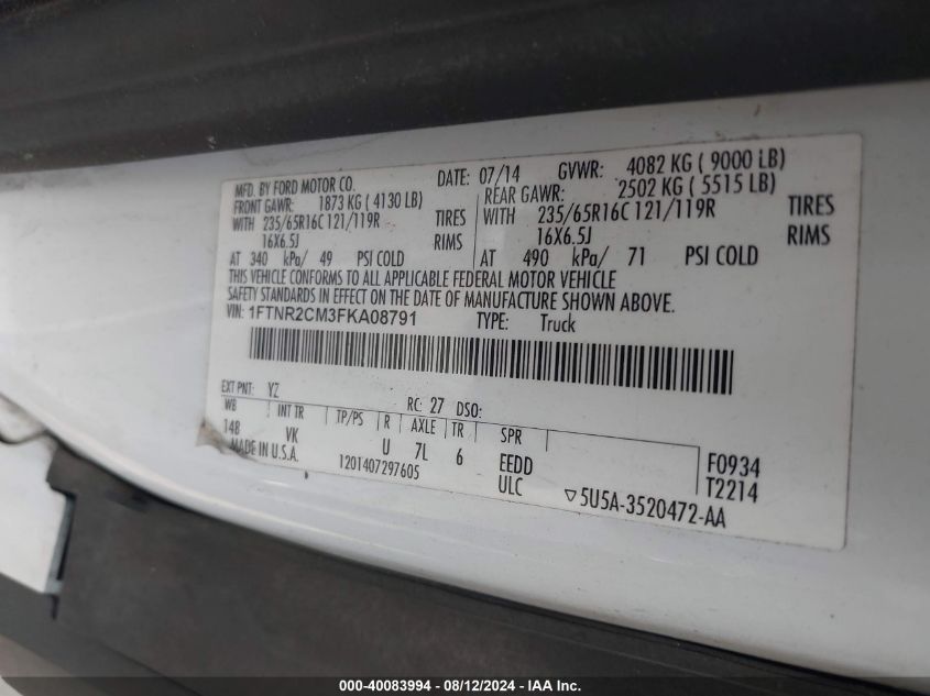 2015 Ford Transit-250 VIN: 1FTNR2CM3FKA08791 Lot: 40083994