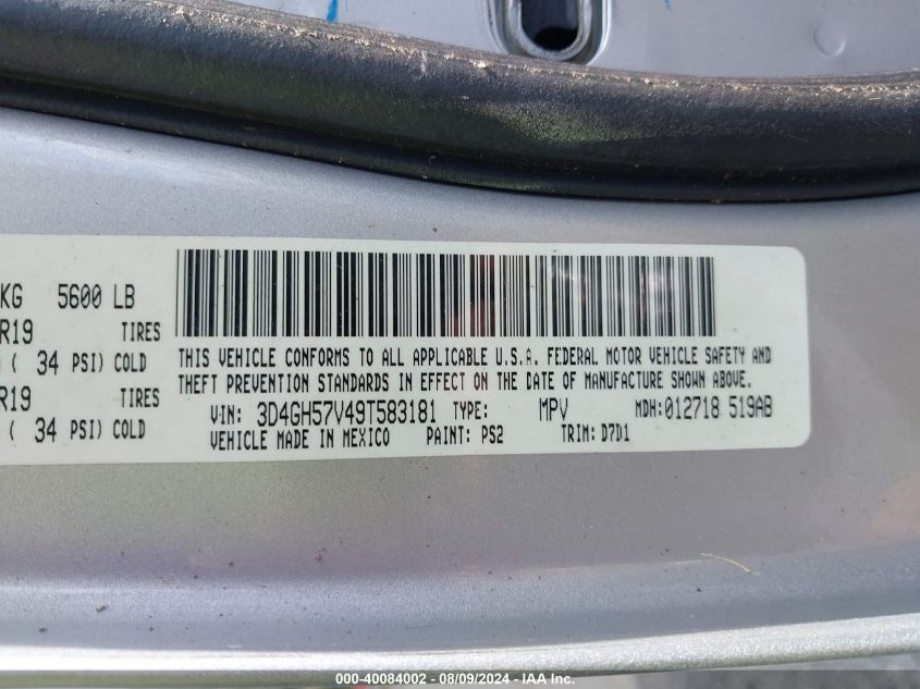 2009 Dodge Journey Sxt VIN: 3D4GH57V49T583181 Lot: 40084002