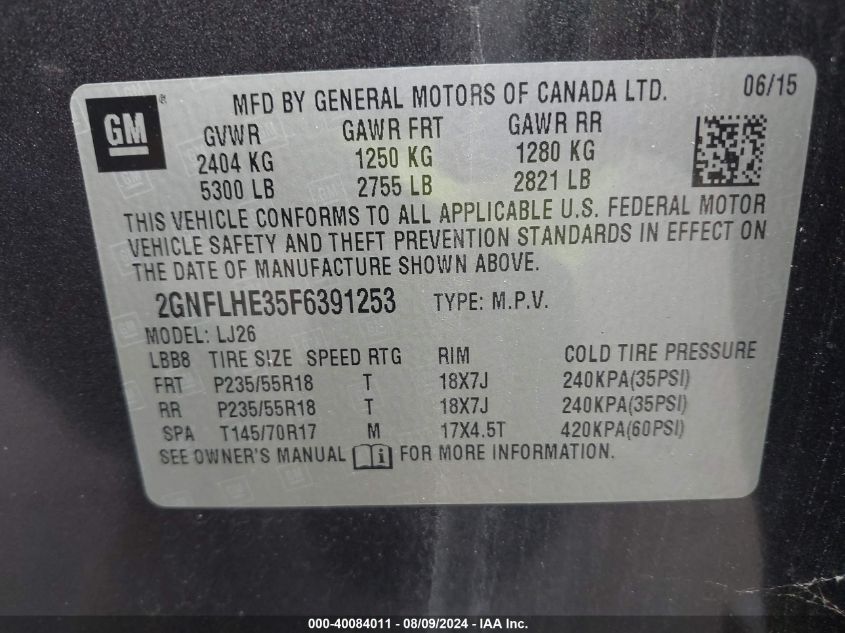 2015 Chevrolet Equinox Ltz VIN: 2GNFLHE35F6391253 Lot: 40084011