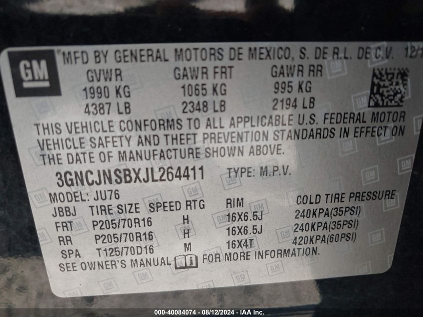 2018 Chevrolet Trax Ls VIN: 3GNCJNSBXJL264411 Lot: 40084074