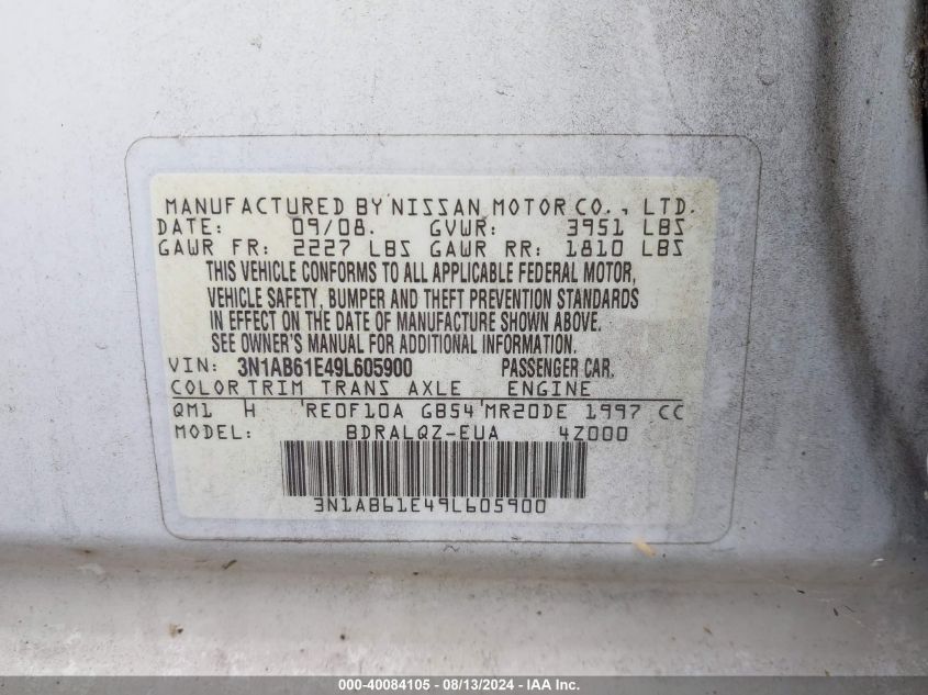 2009 Nissan Sentra 2.0 VIN: 3N1AB61E49L605900 Lot: 40084105