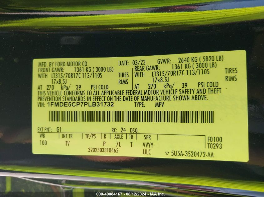 2023 Ford Bronco Wildtrak VIN: 1FMDE5CP7PLB31732 Lot: 40084167