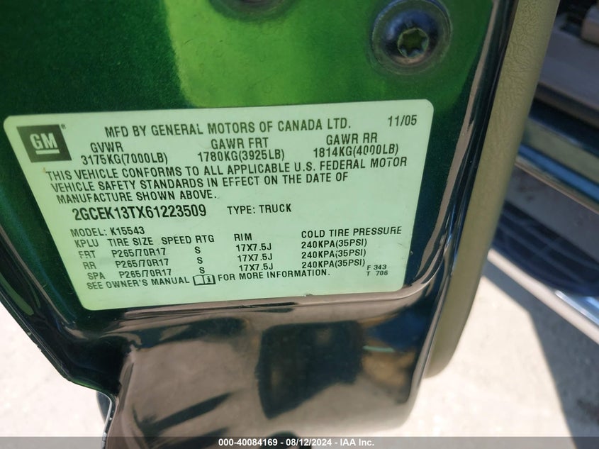 2006 Chevrolet Silverado 1500 Lt1 VIN: 2GCEK13TX61223509 Lot: 40084169